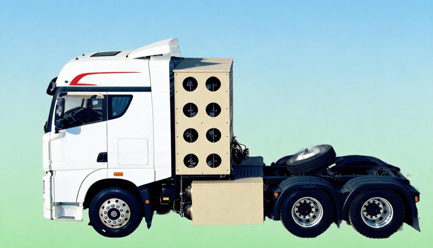 ELAM 430GNC en vista lateral: tractocamión 6x4 de cabina blanca con techo alto, con el rack de ocho cilindros de gas natural comprimido montado detrás de la cabina.