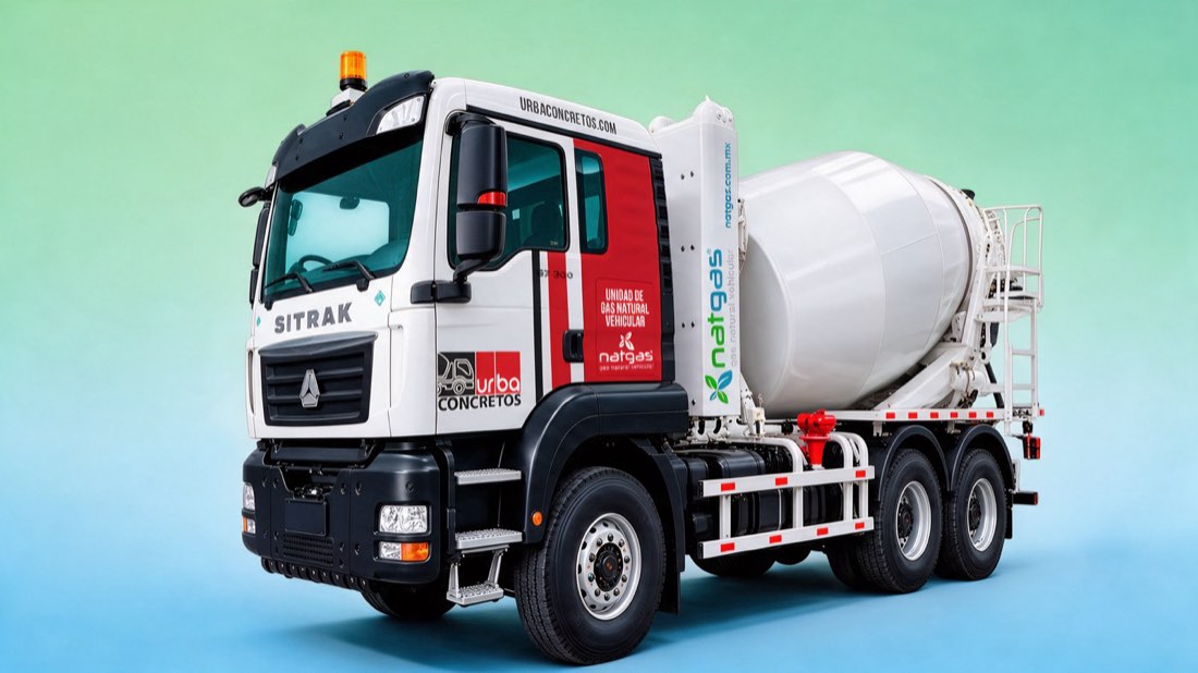 Sitrak C7H 360 CNG Mixer en vista tres cuartos delantera: camión revolvedora de concreto con cabina blanca y puerta roja, olla blanca montada detrás y el distintivo de unidad de gas natural vehicular en el costado.