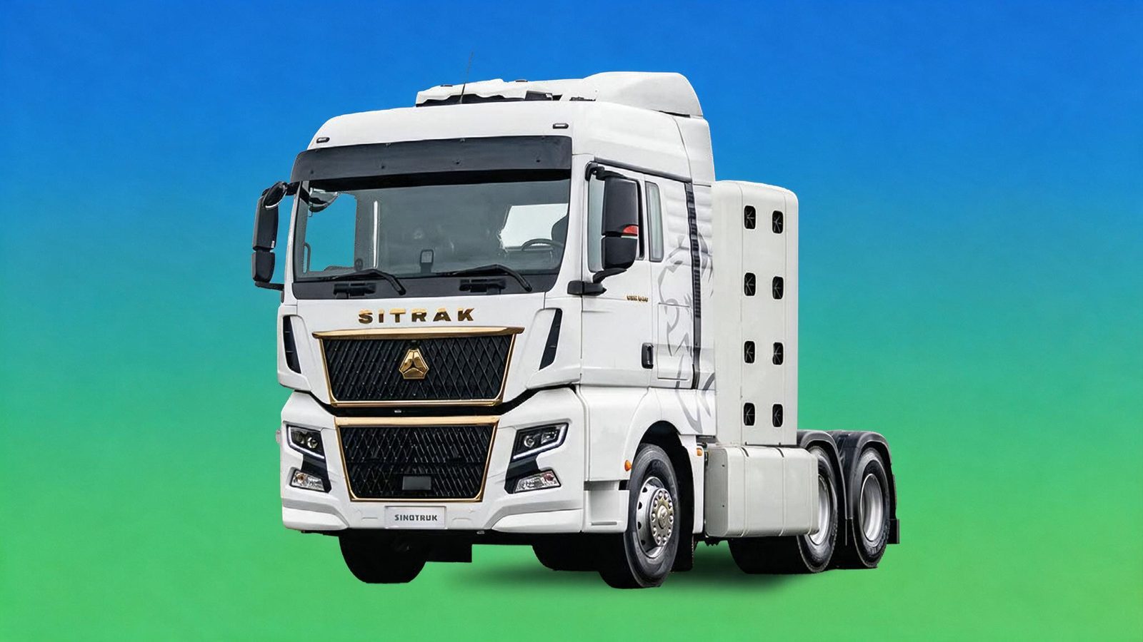Sitrak C9H 480 CNG en vista tres cuartos delantera: tractocamión 6x4 de cabina blanca con parrilla y emblema dorados, y el rack de cilindros de gas natural comprimido detrás de la cabina.